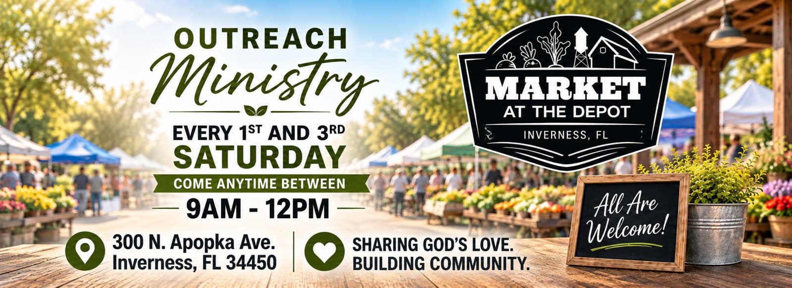Outreach Ministry, every first and third Saturday, 9 AM to 12 PM at the Market at the Depot, 300 N Apopka Ave, Inverness