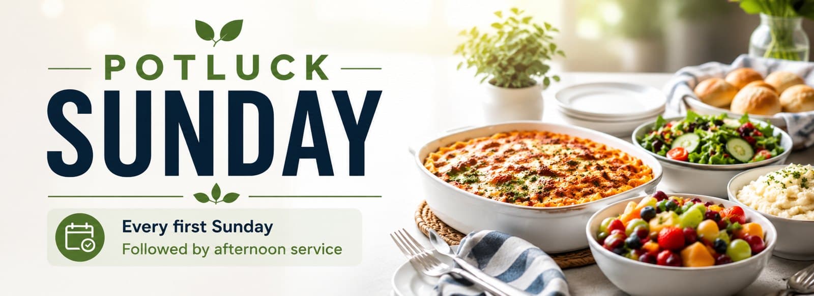 Potluck Sunday, every first Sunday, followed by the afternoon service