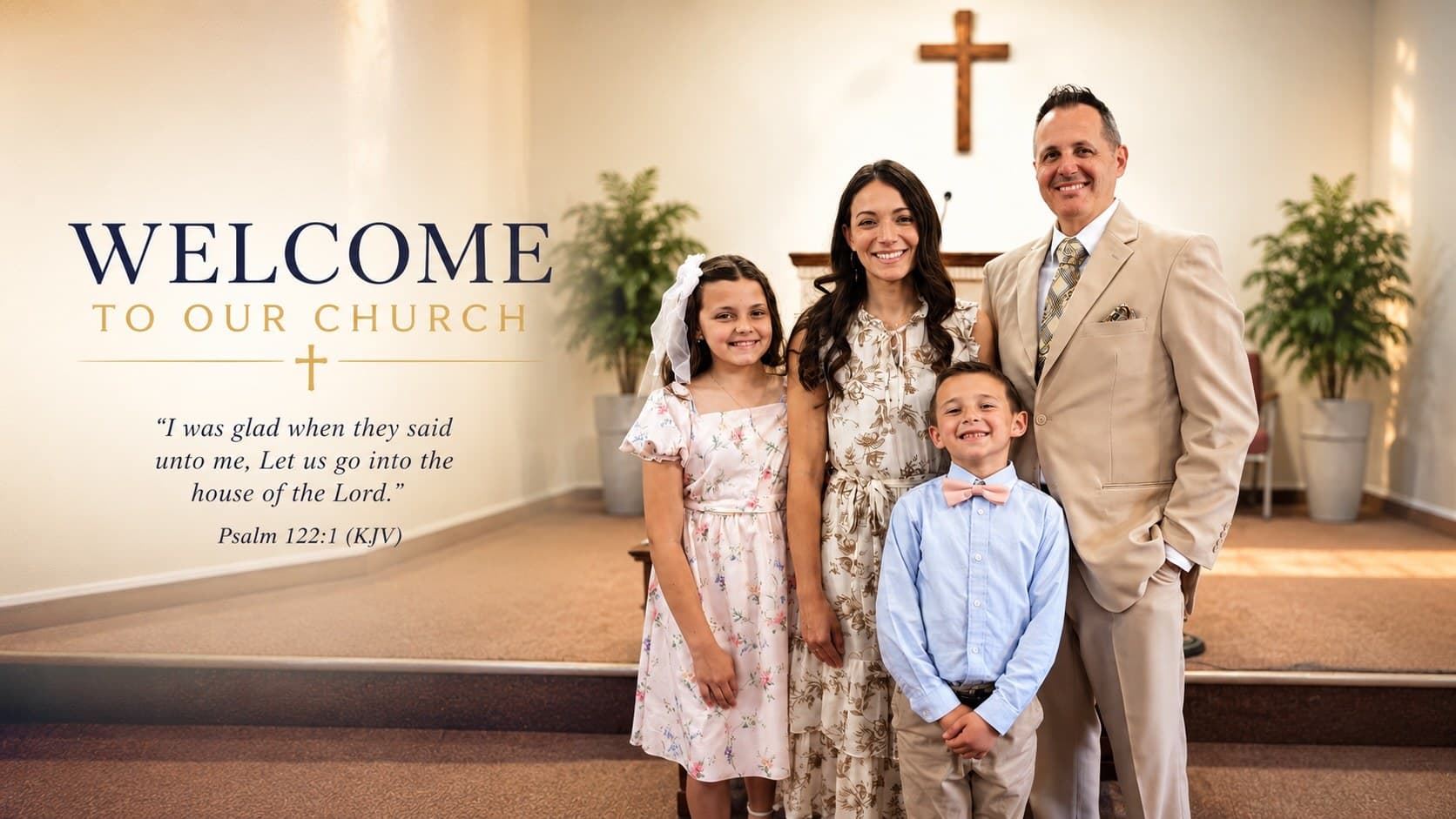Welcome to our church: Pastor Brandon Bankert, his wife and their children smiling in front of the pulpit and the cross, with Psalm 122:1